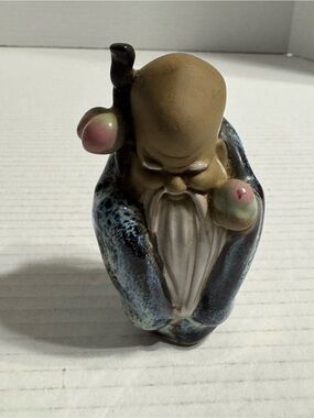 Vtg. Chinese God of Longevity Immortal Shou Lao Mudman Glazed Clay Figurine 4”